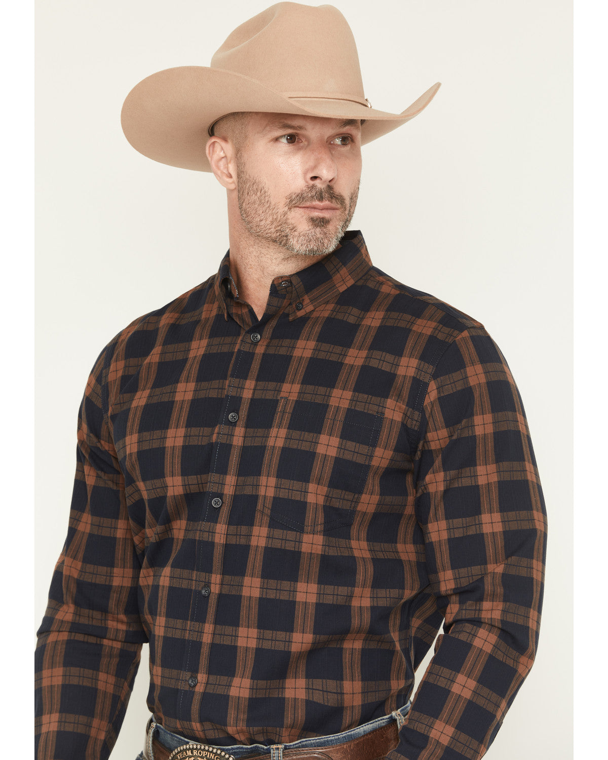 Men's Rodeo Frontier Plaid Print Long Sleeve Button-Down St Navy