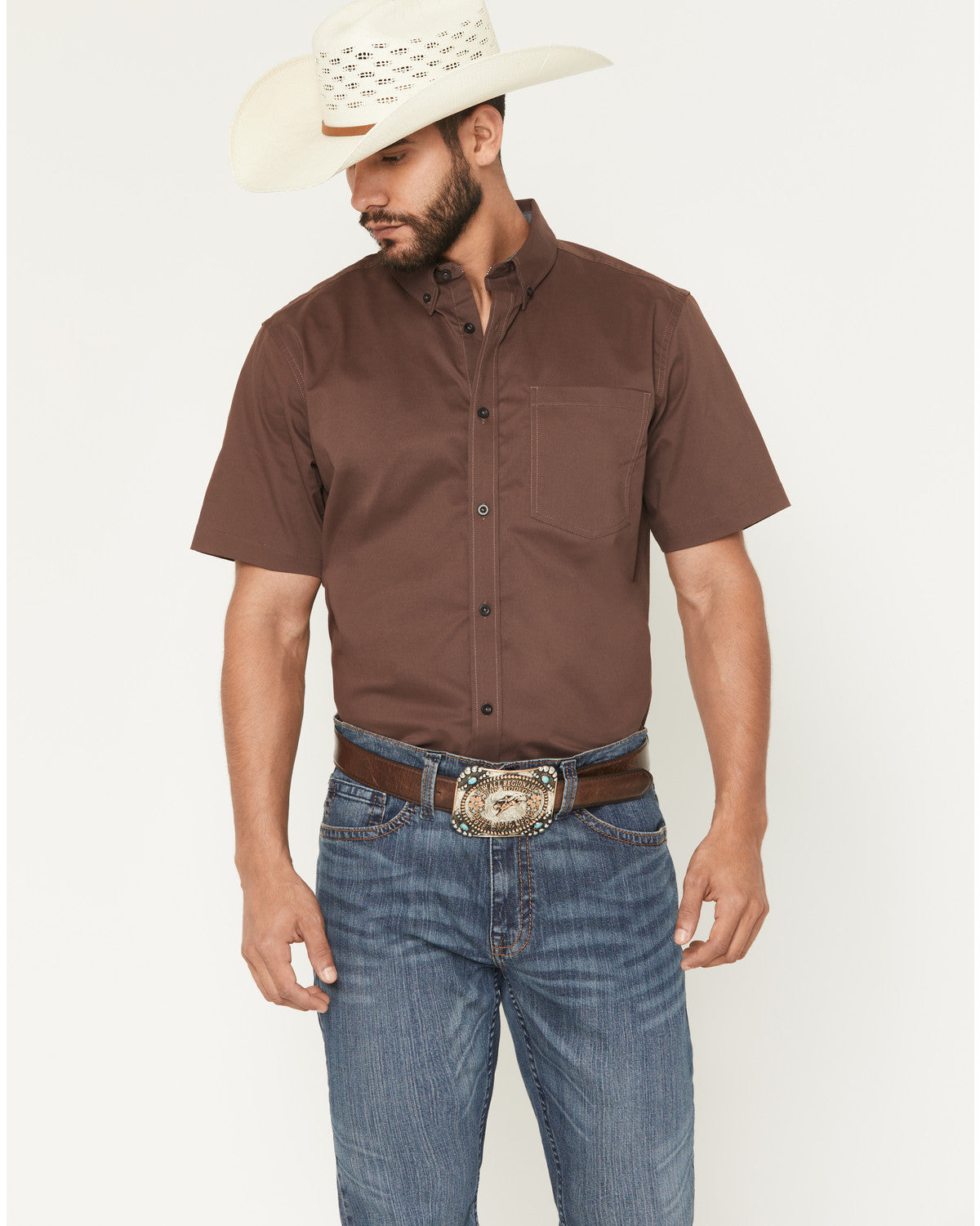 Men's Basic Twill Short Sleeve Button-Down Stretch Western Coffee