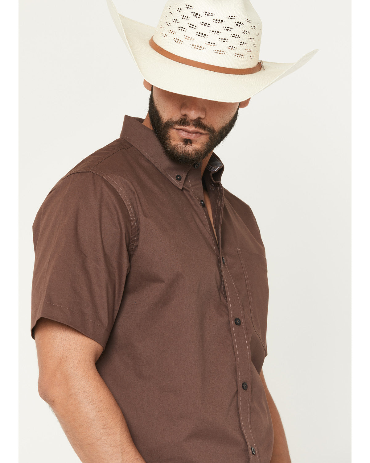 Men's Basic Twill Short Sleeve Button-Down Stretch Western Coffee