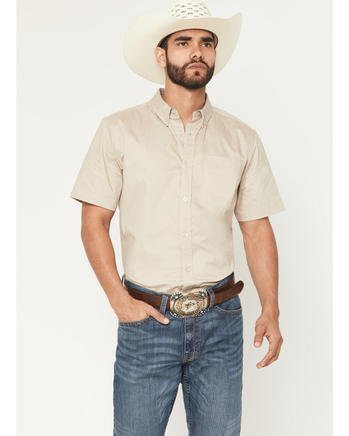 Men's Basic Twill Short Sleeve Button-Down Stretch Western Tan