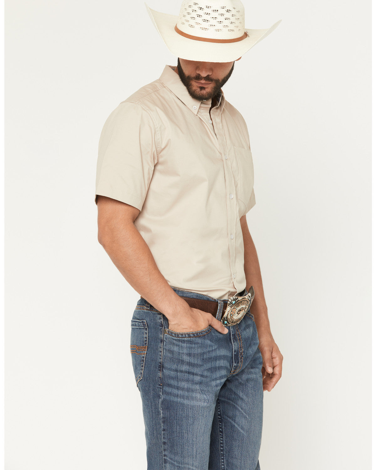 Men's Basic Twill Short Sleeve Button-Down Stretch Western Tan