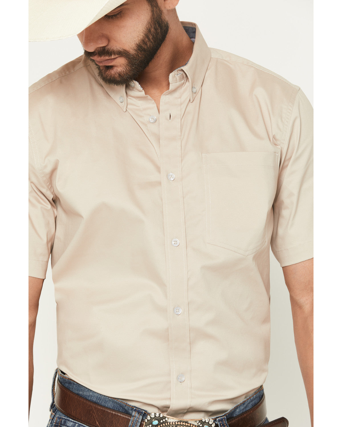 Men's Basic Twill Short Sleeve Button-Down Stretch Western Tan