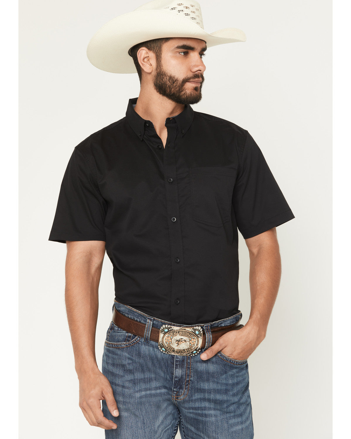 Men's Basic Twill Short Sleeve Button-Down Stretch Western Black