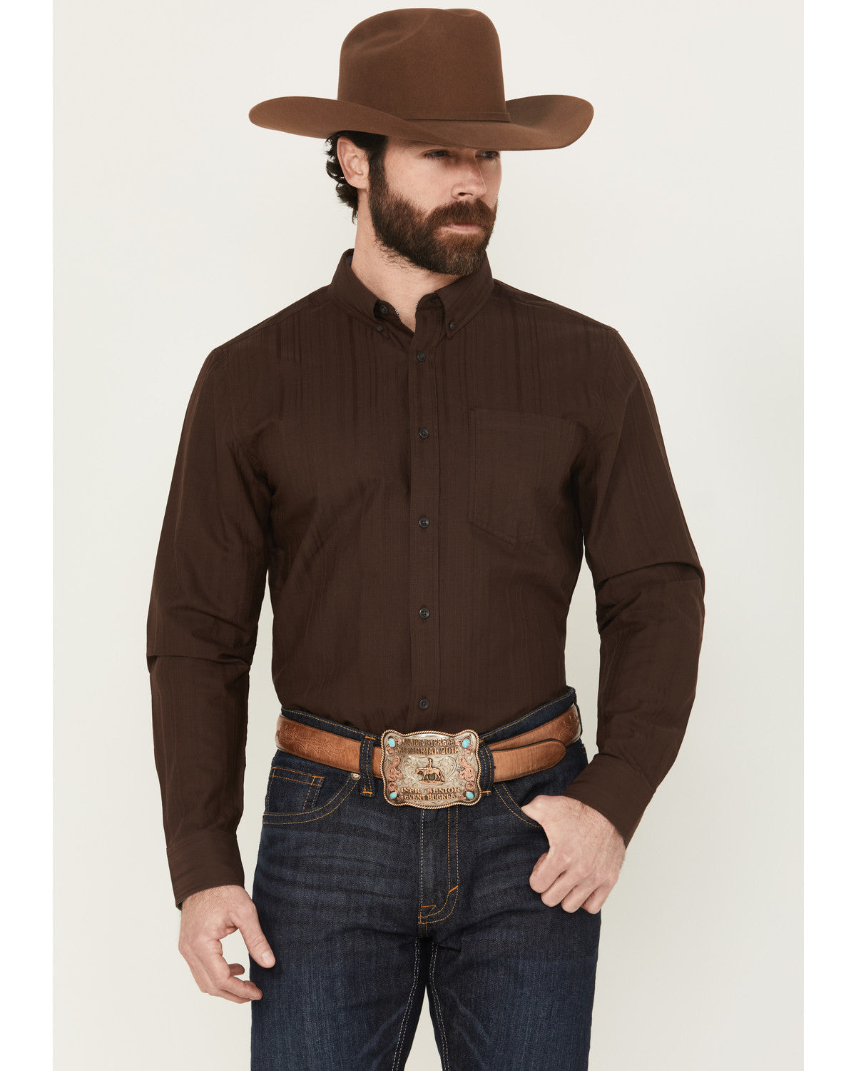 Men's Old West Tonal Striped Print Long Sleeve Button-Down Dark Brown