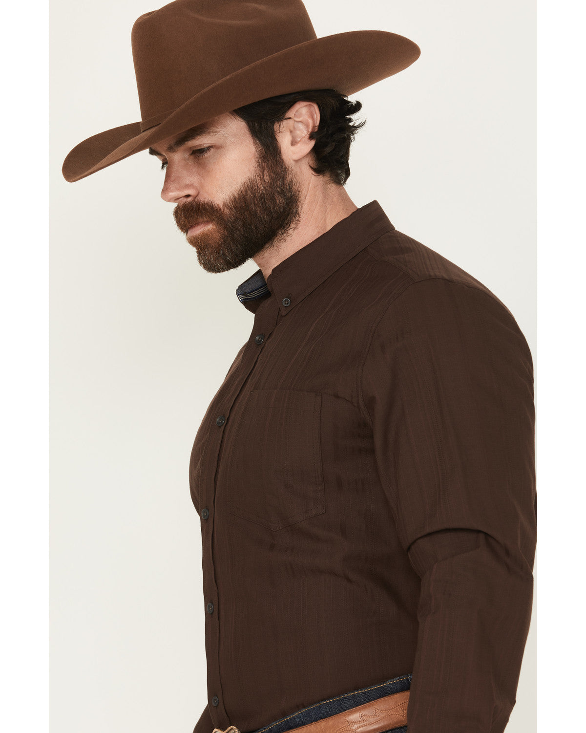 Men's Old West Tonal Striped Print Long Sleeve Button-Down Dark Brown