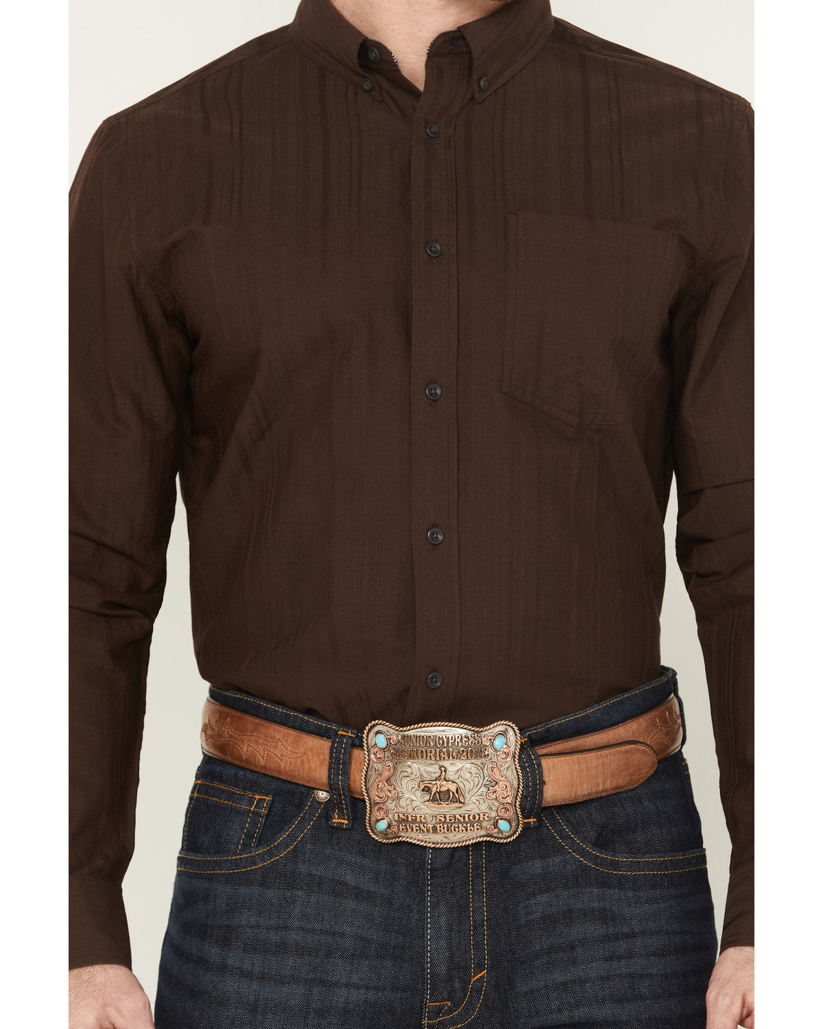 Men's Old West Tonal Striped Print Long Sleeve Button-Down Dark Brown