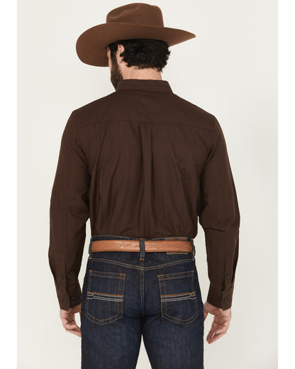 Men's Old West Tonal Striped Print Long Sleeve Button-Down Dark Brown