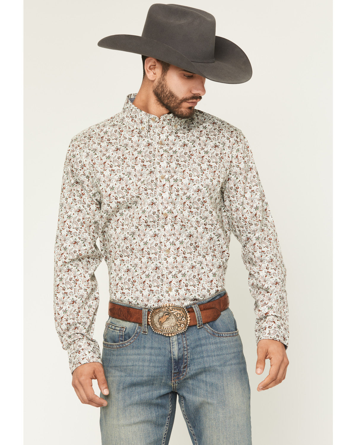 Men's Picher Floral Print Long Sleeve Button-Down Stretch W Tan