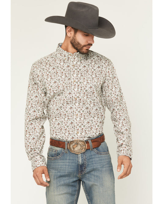 Men's Picher Floral Print Long Sleeve Button-Down Stretch W Tan
