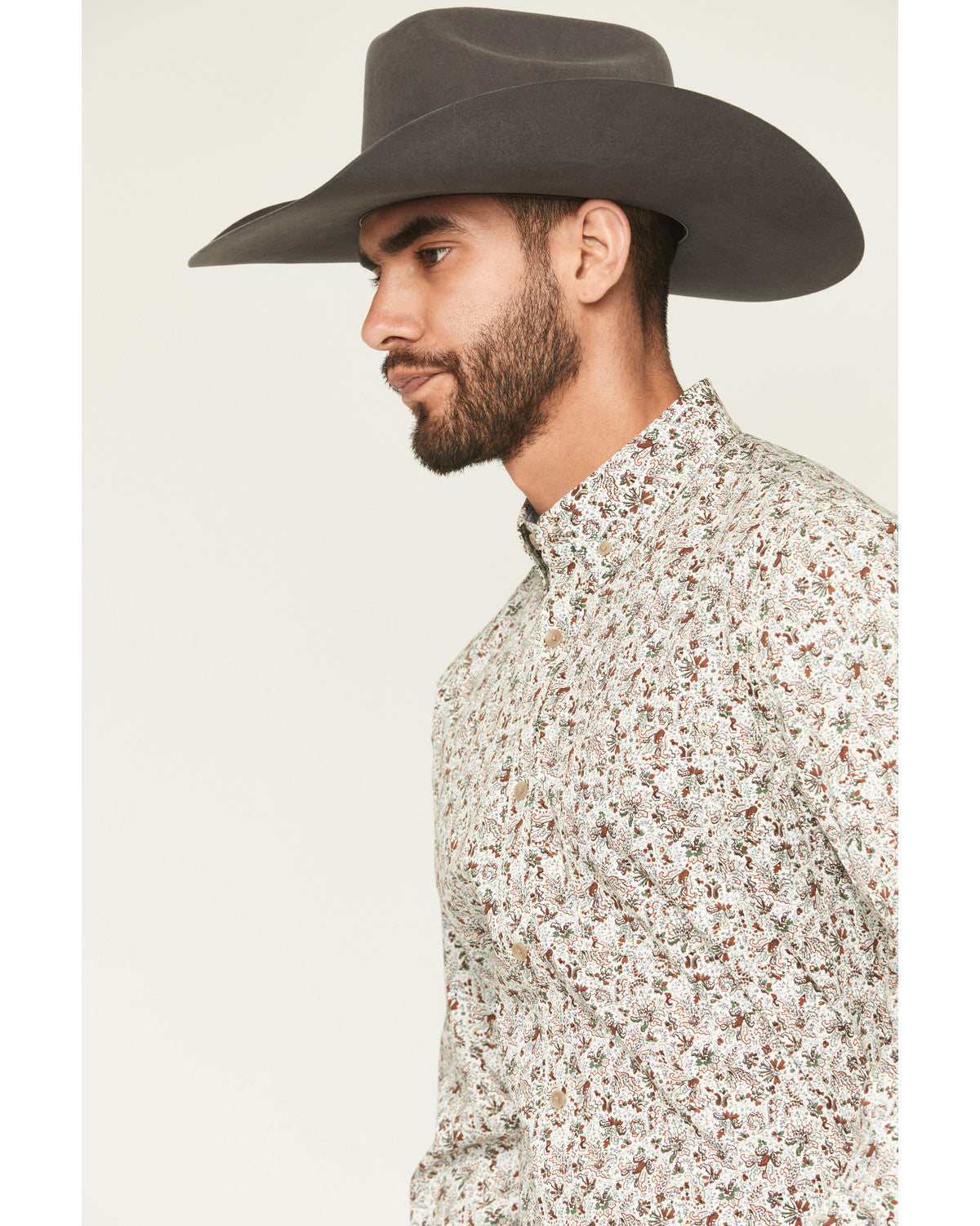 Men's Picher Floral Print Long Sleeve Button-Down Stretch W Tan