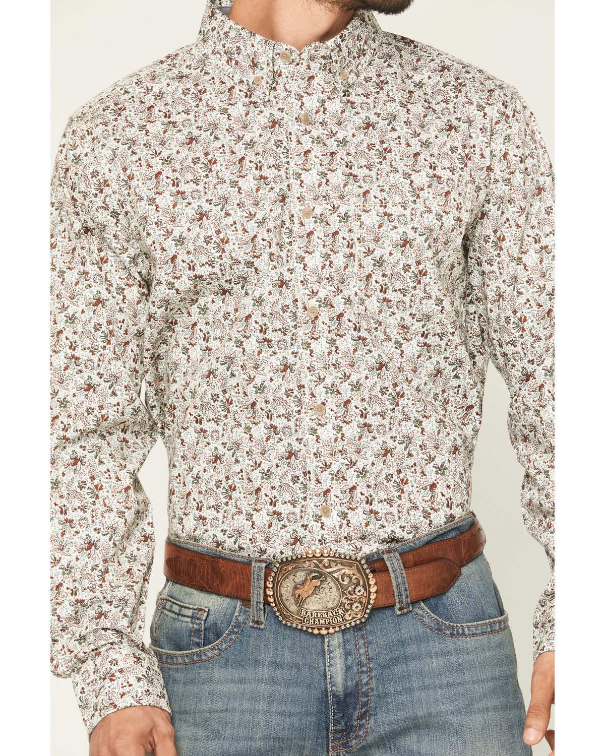 Men's Picher Floral Print Long Sleeve Button-Down Stretch W Tan