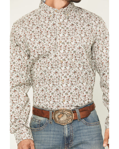 Men's Picher Floral Print Long Sleeve Button-Down Stretch W Tan