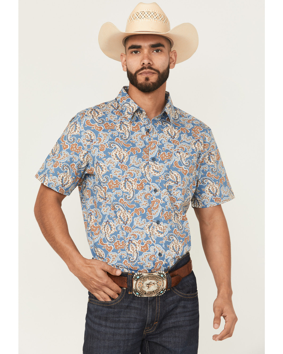 Men's Boise Paisley Print Short Sleeve Button-Down Stretch Blue