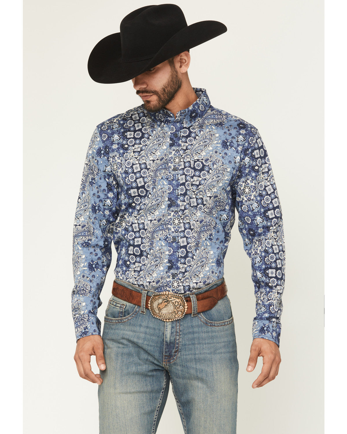Men's Ride 'Em Cowboy Paisley Print Long Sleeve Button-Down Blue