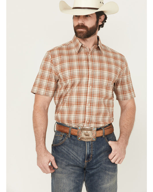 Men's Cowboy Chic Plaid Print Short Sleeve Button-Down Stre Cream