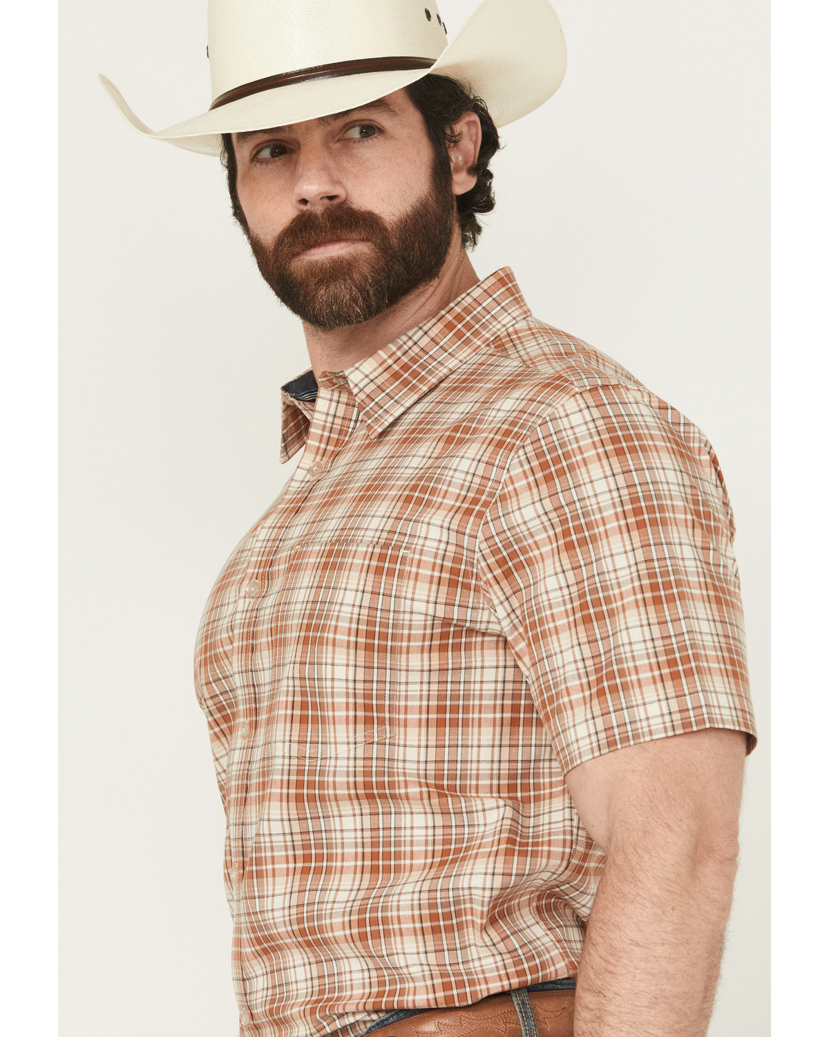 Men's Cowboy Chic Plaid Print Short Sleeve Button-Down Stre Cream