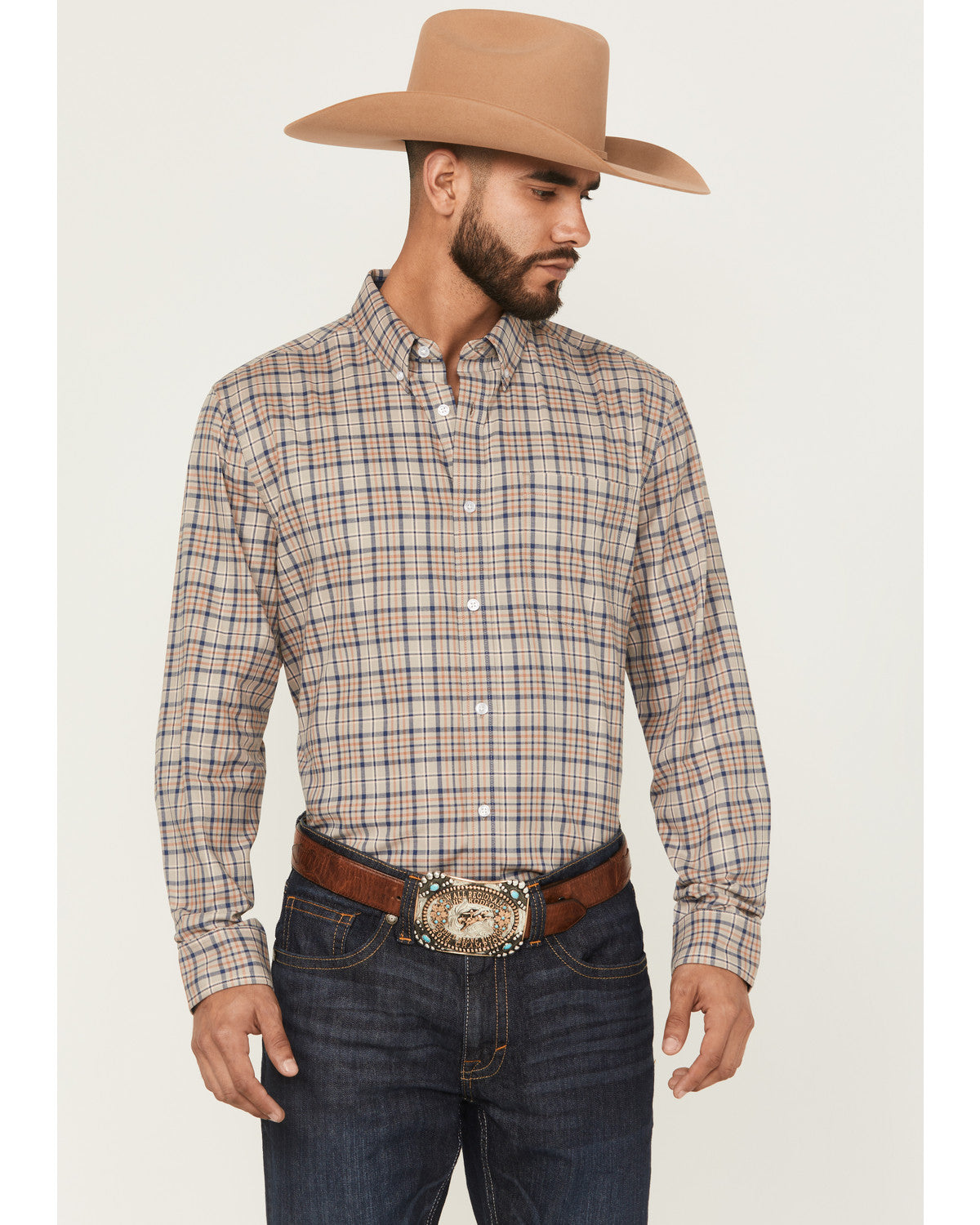 Men's Let's Mosey Plaid Print Long Sleeve Button-Down Stret Grey