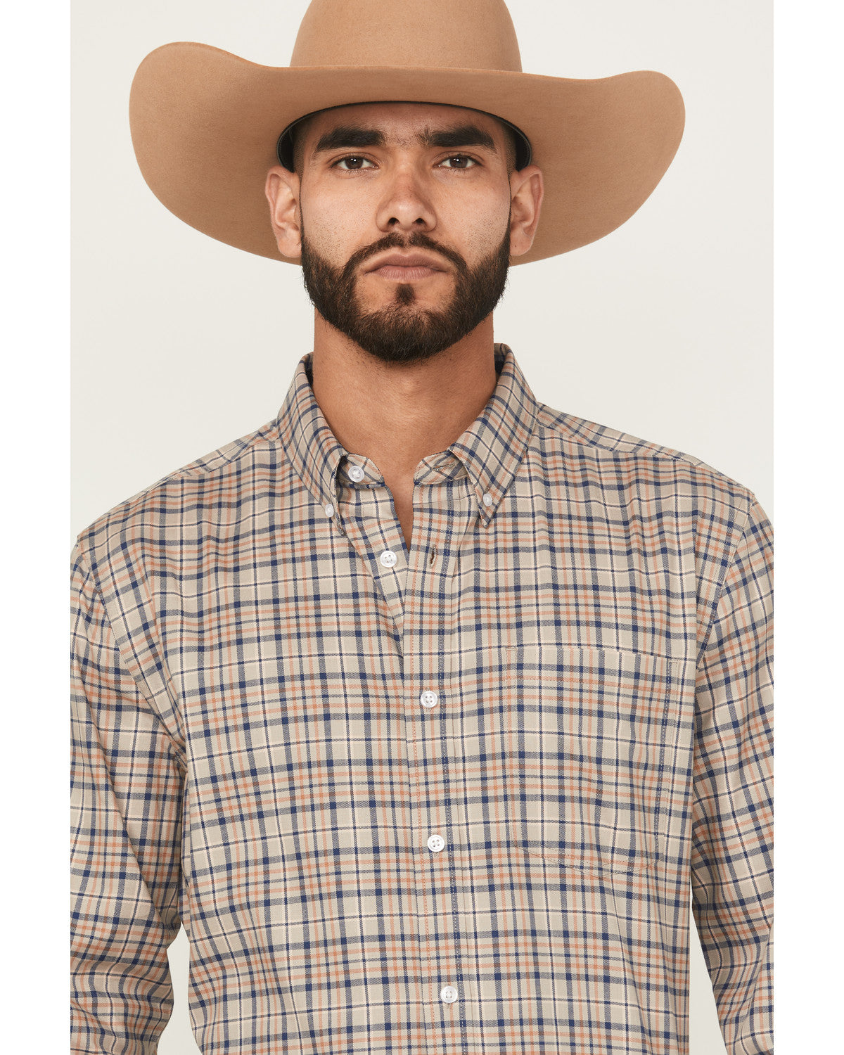 Men's Let's Mosey Plaid Print Long Sleeve Button-Down Stret Grey