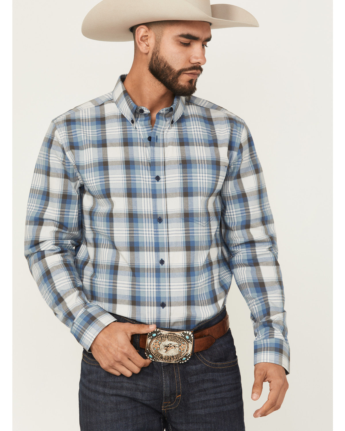 Men's Howdy Duty Plaid Print Long Sleeve Button-Down Wester Blue