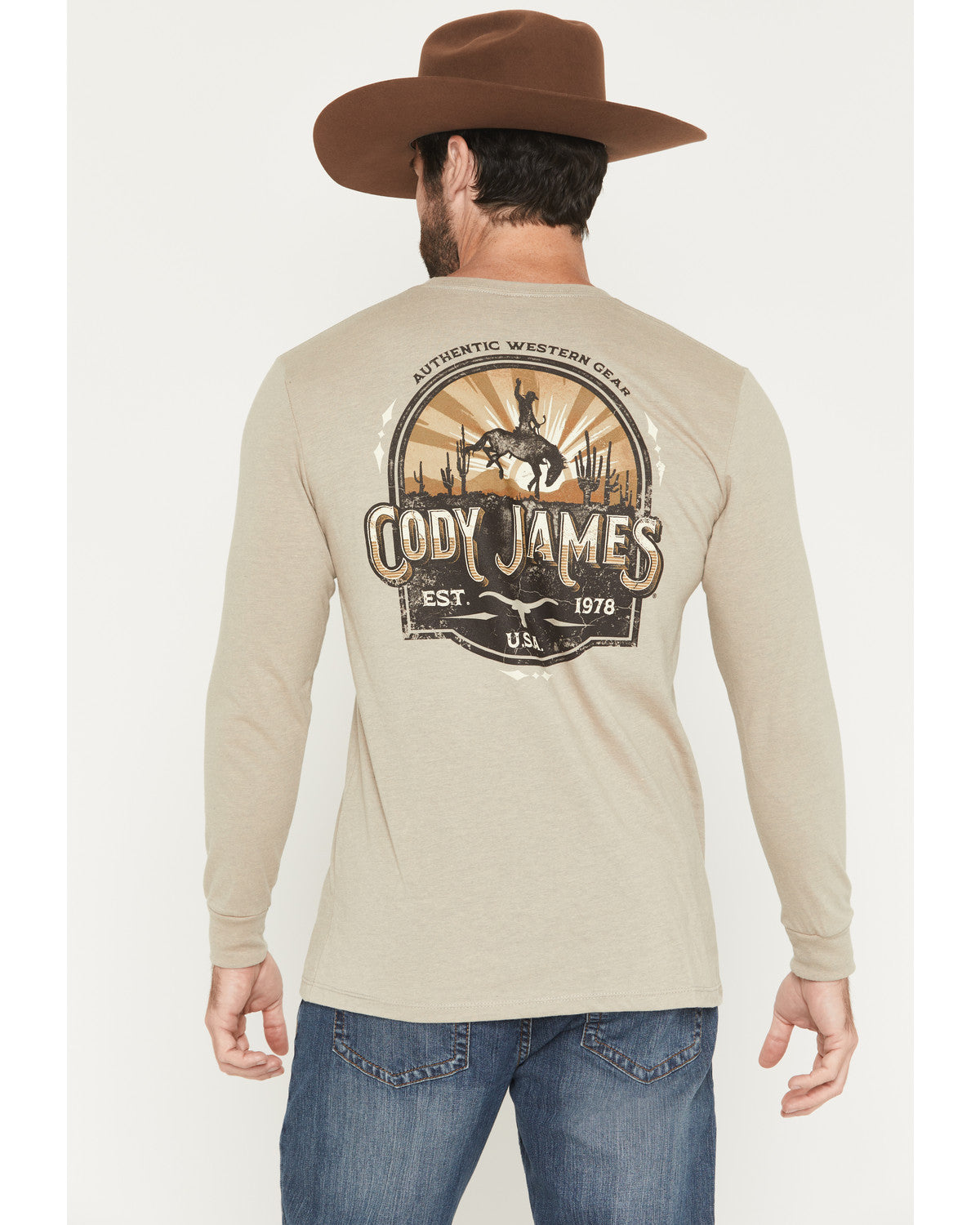 Men's Cowboy Sunset Long Sleeve Graphic T-Shirt Tan