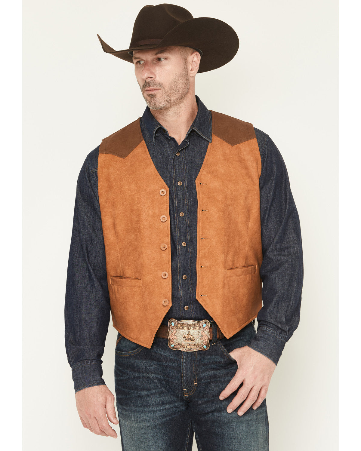 Men's Buckaroo Colorblock Faux Leather Button-Down Vest Tan