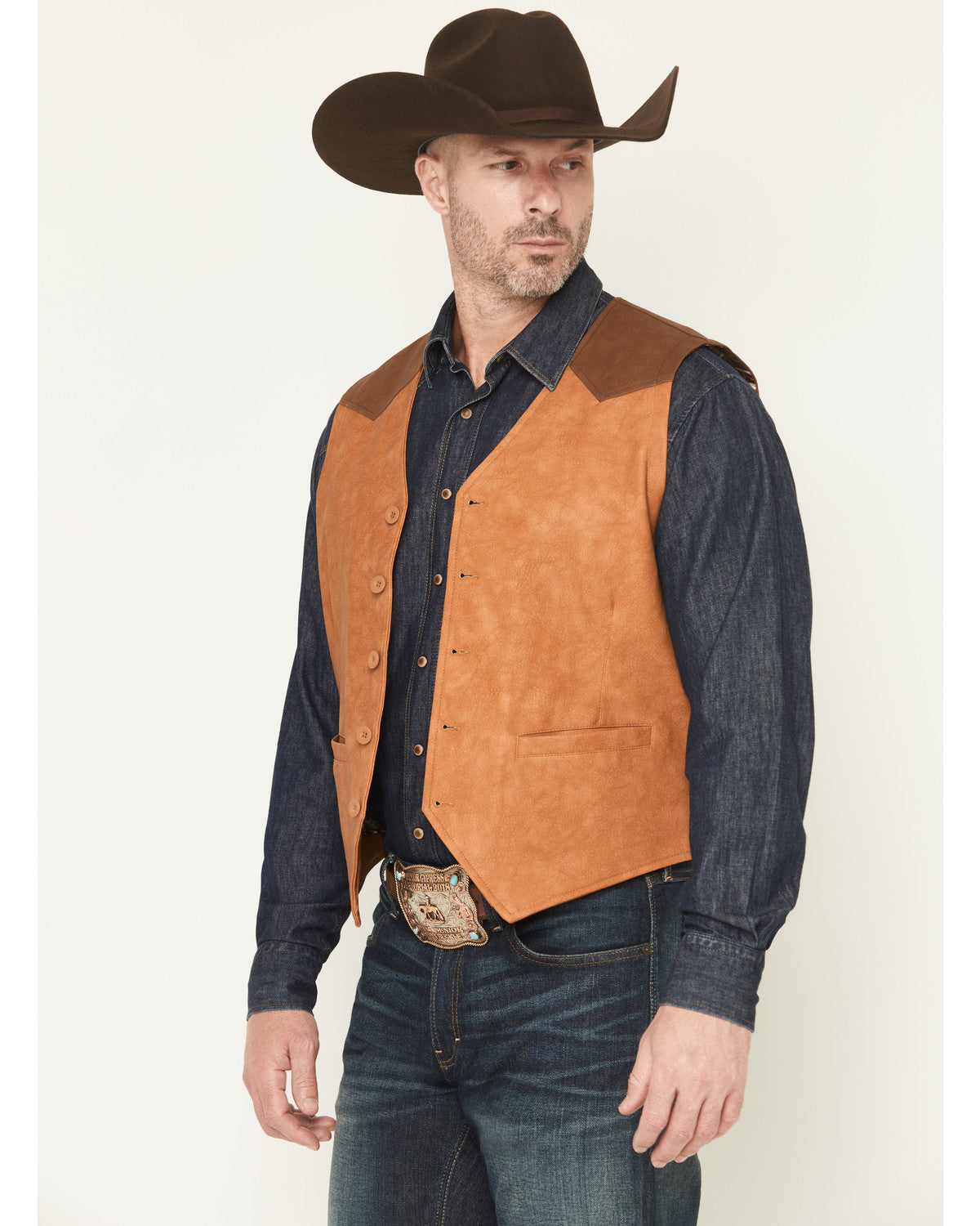 Men's Buckaroo Colorblock Faux Leather Button-Down Vest Tan