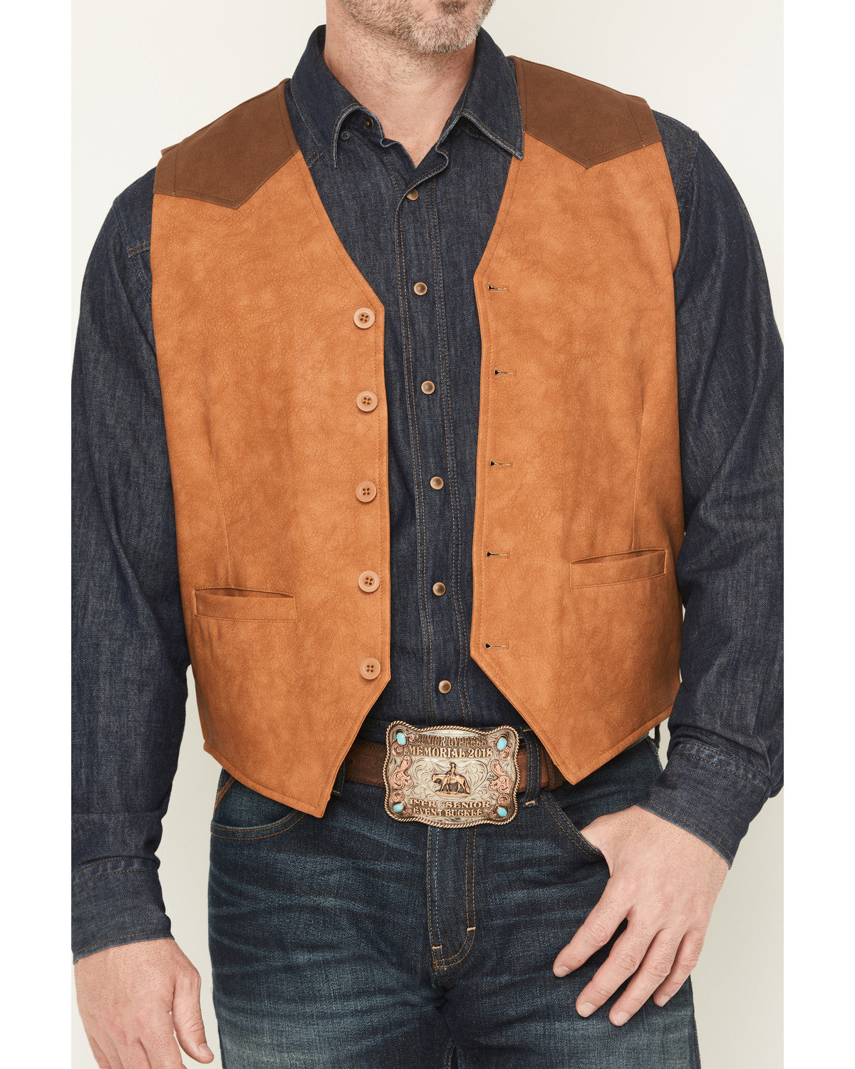 Men's Buckaroo Colorblock Faux Leather Button-Down Vest Tan