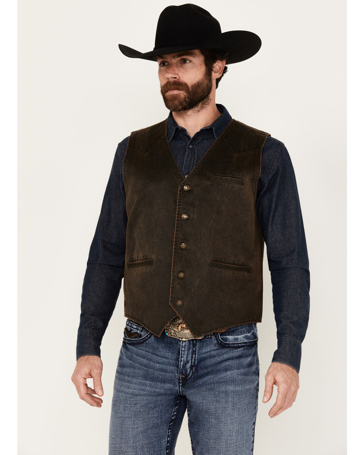 Men's Pancho Villa Oilskin Button-Front Western Vest Brown