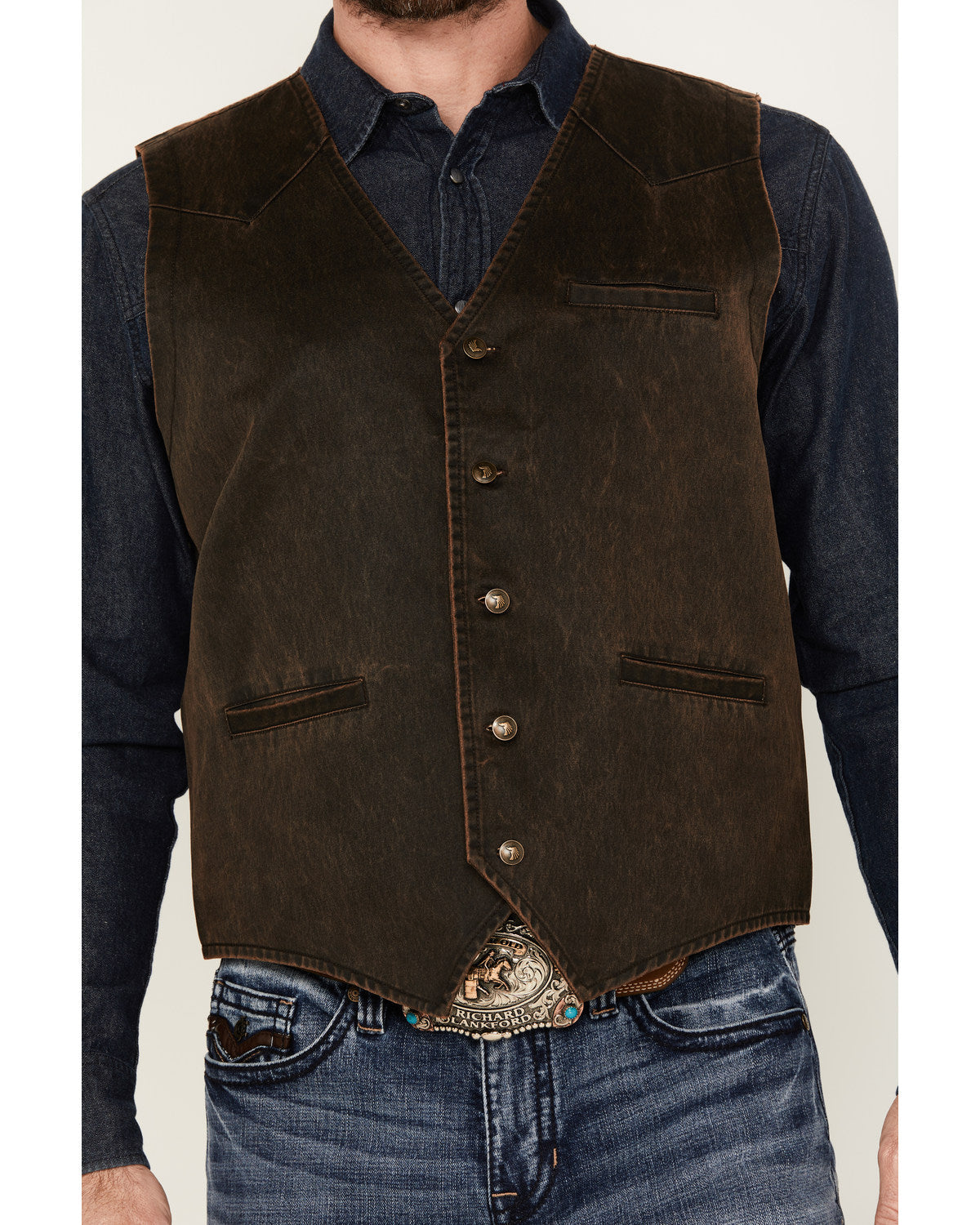 Men's Pancho Villa Oilskin Button-Front Western Vest Brown