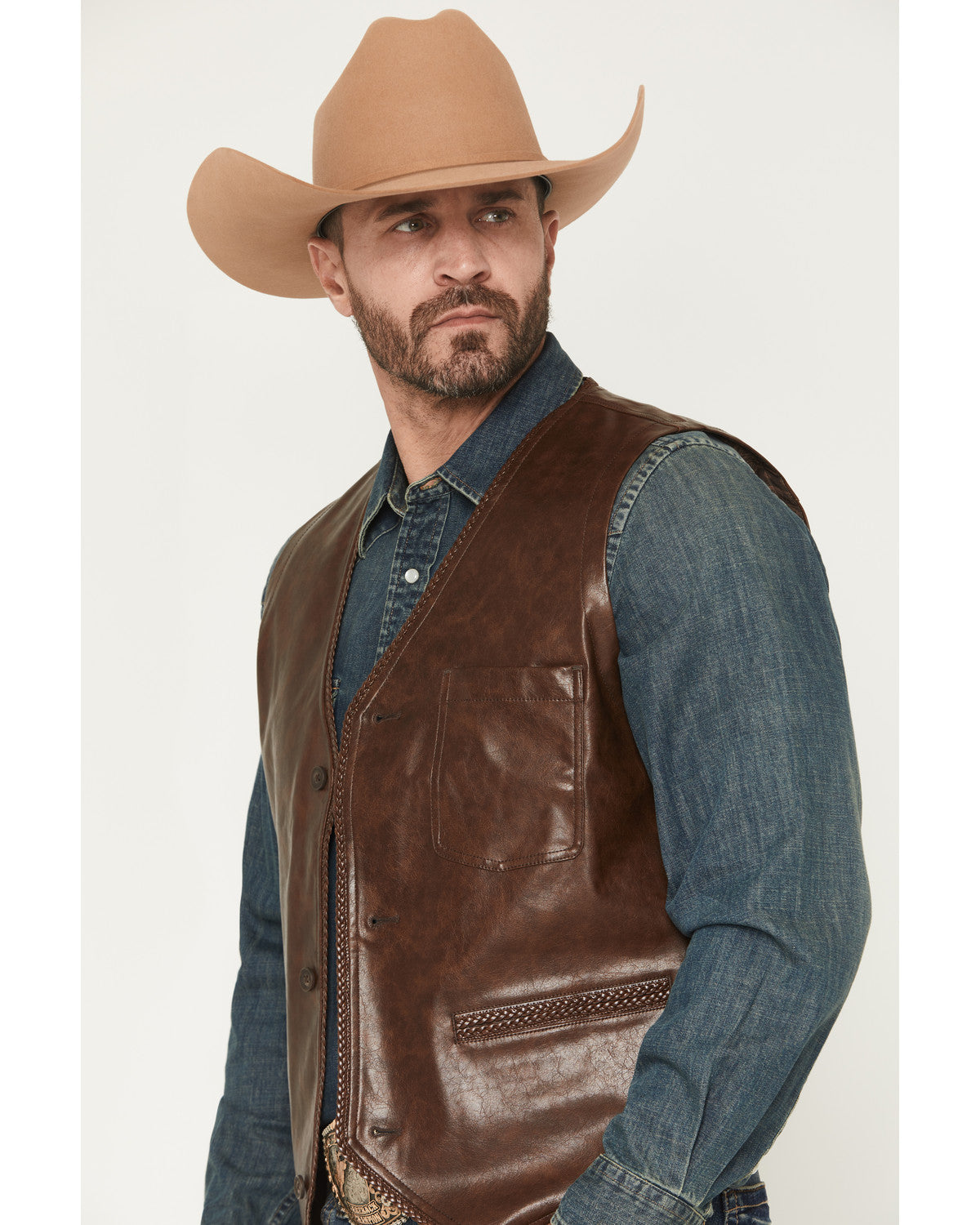 Men's Hogan Faux Leather Braided Hem Vest Brown