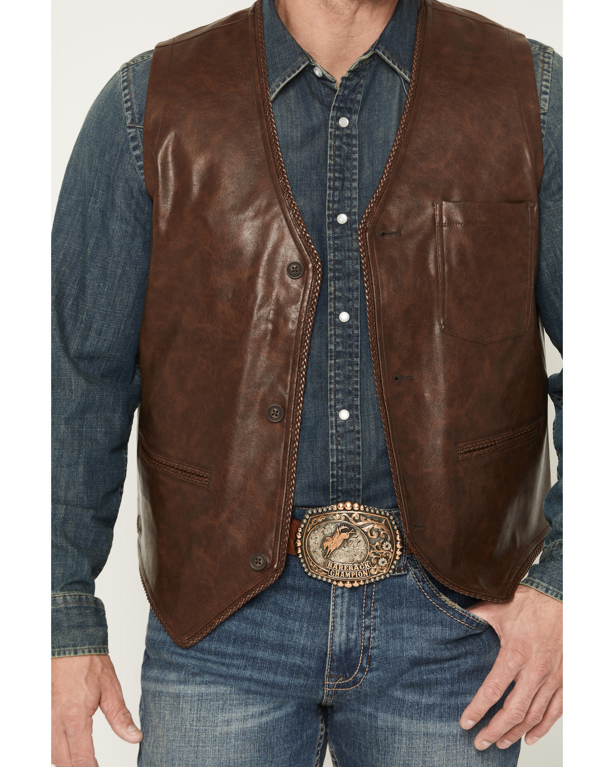 Men's Hogan Faux Leather Braided Hem Vest Brown