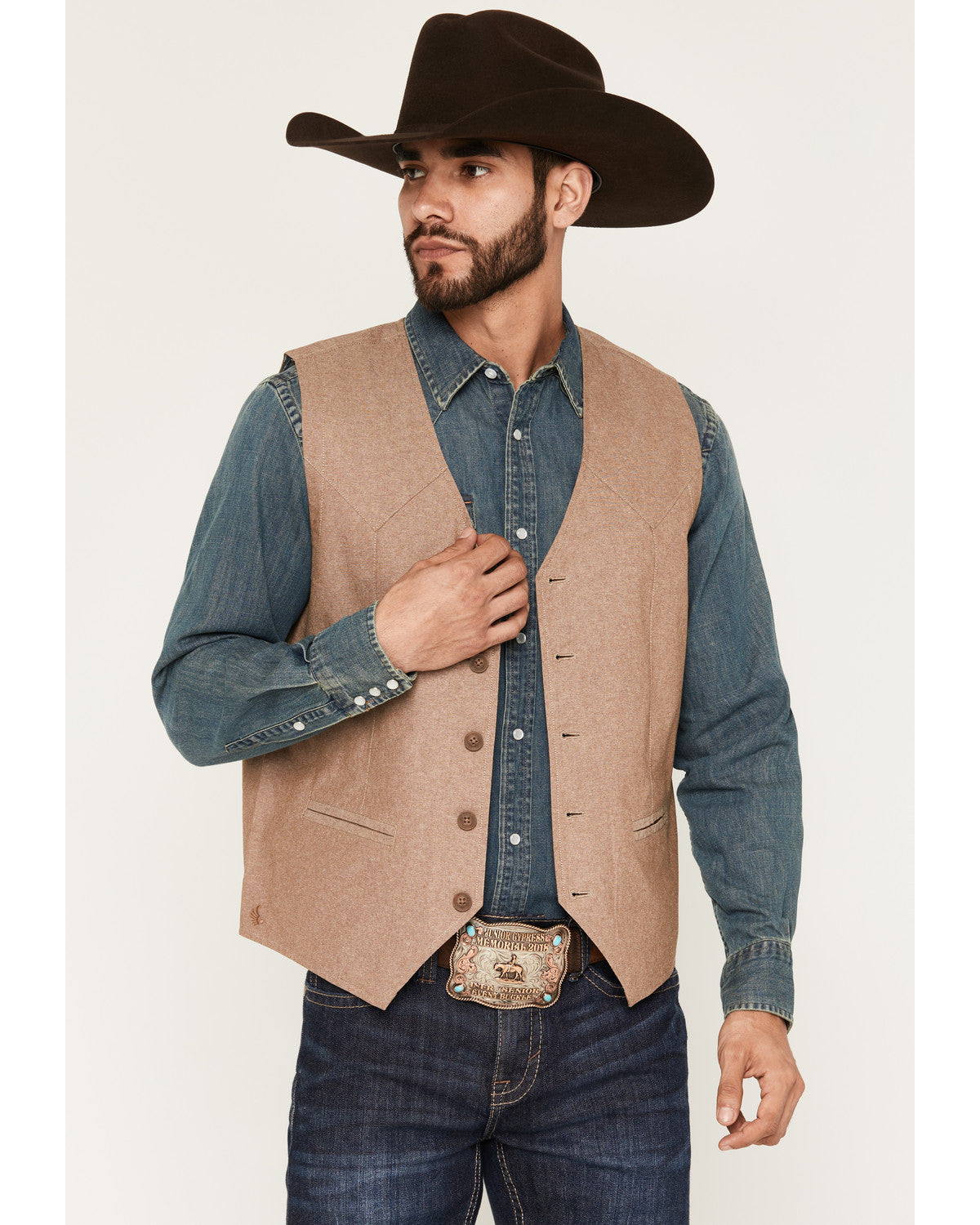 Men's Chambray Button-Down Vest Khaki