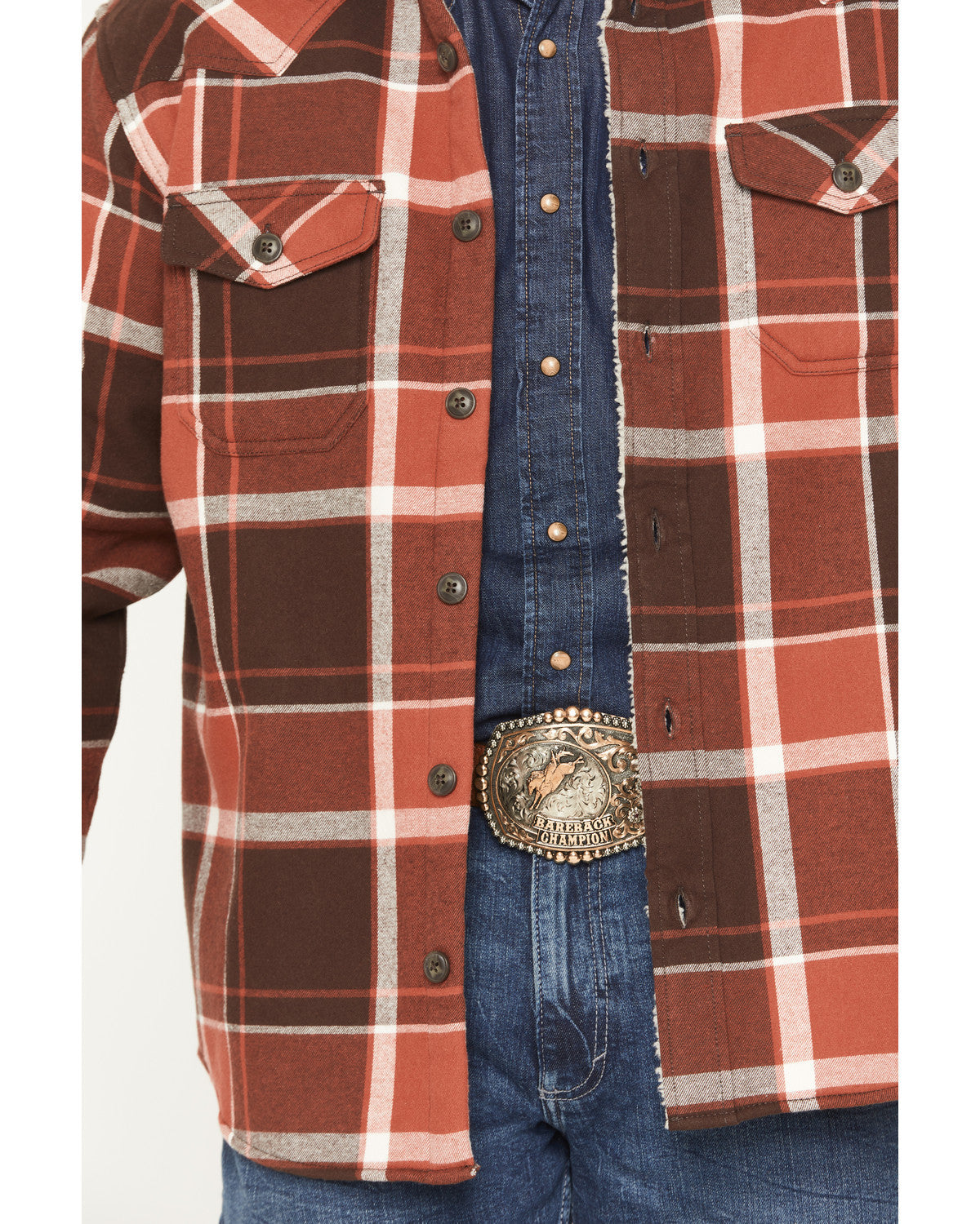 Men's Baxter Sherpa Lined Plaid Print Flannel Shirt Jacket Rust Copper
