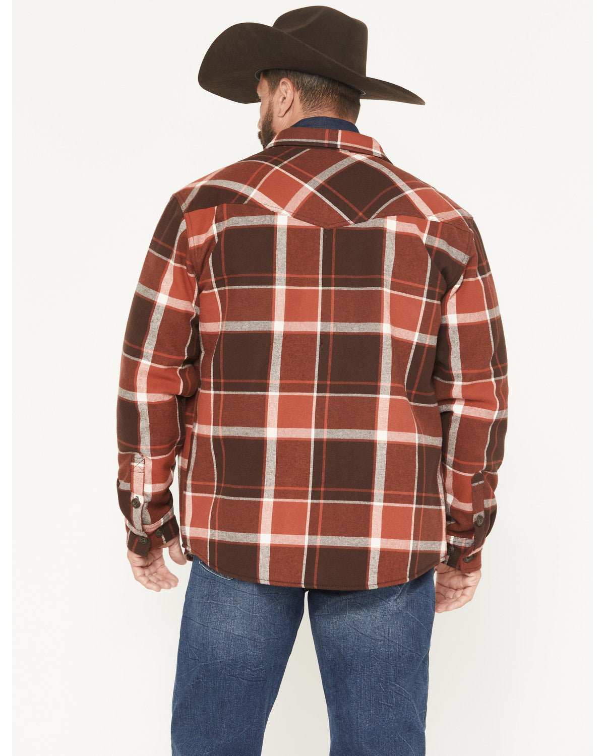 Men's Baxter Sherpa Lined Plaid Print Flannel Shirt Jacket Rust Copper