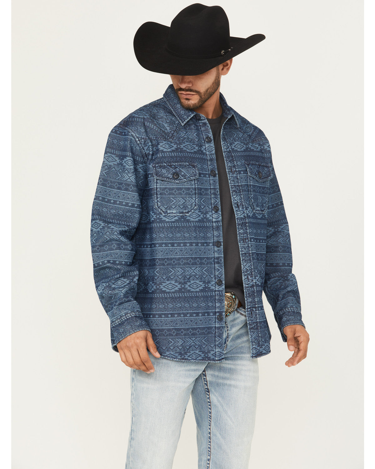 Men's Tonal Southwestern Print Fleece Lined Shirt Jacket Indigo