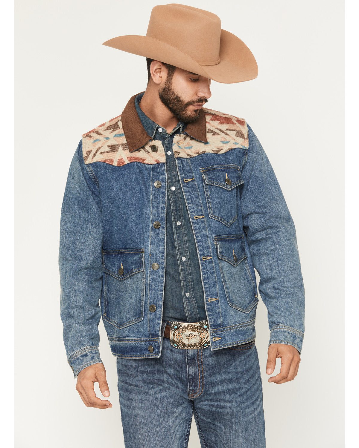 Men's Southwestern Blanket Yoke Unlined Denim Jacket Medium Wash
