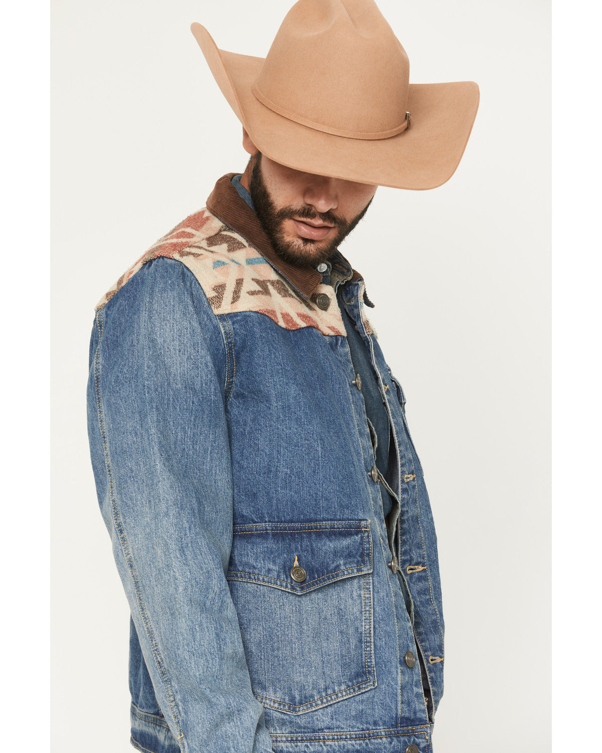 Men's Southwestern Blanket Yoke Unlined Denim Jacket Medium Wash