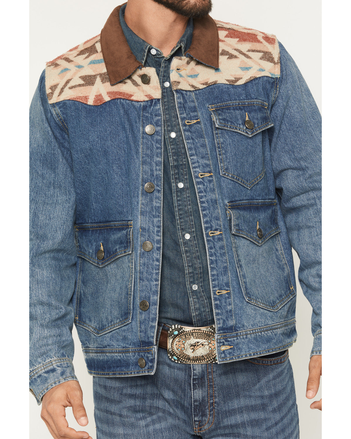 Men's Southwestern Blanket Yoke Unlined Denim Jacket Medium Wash