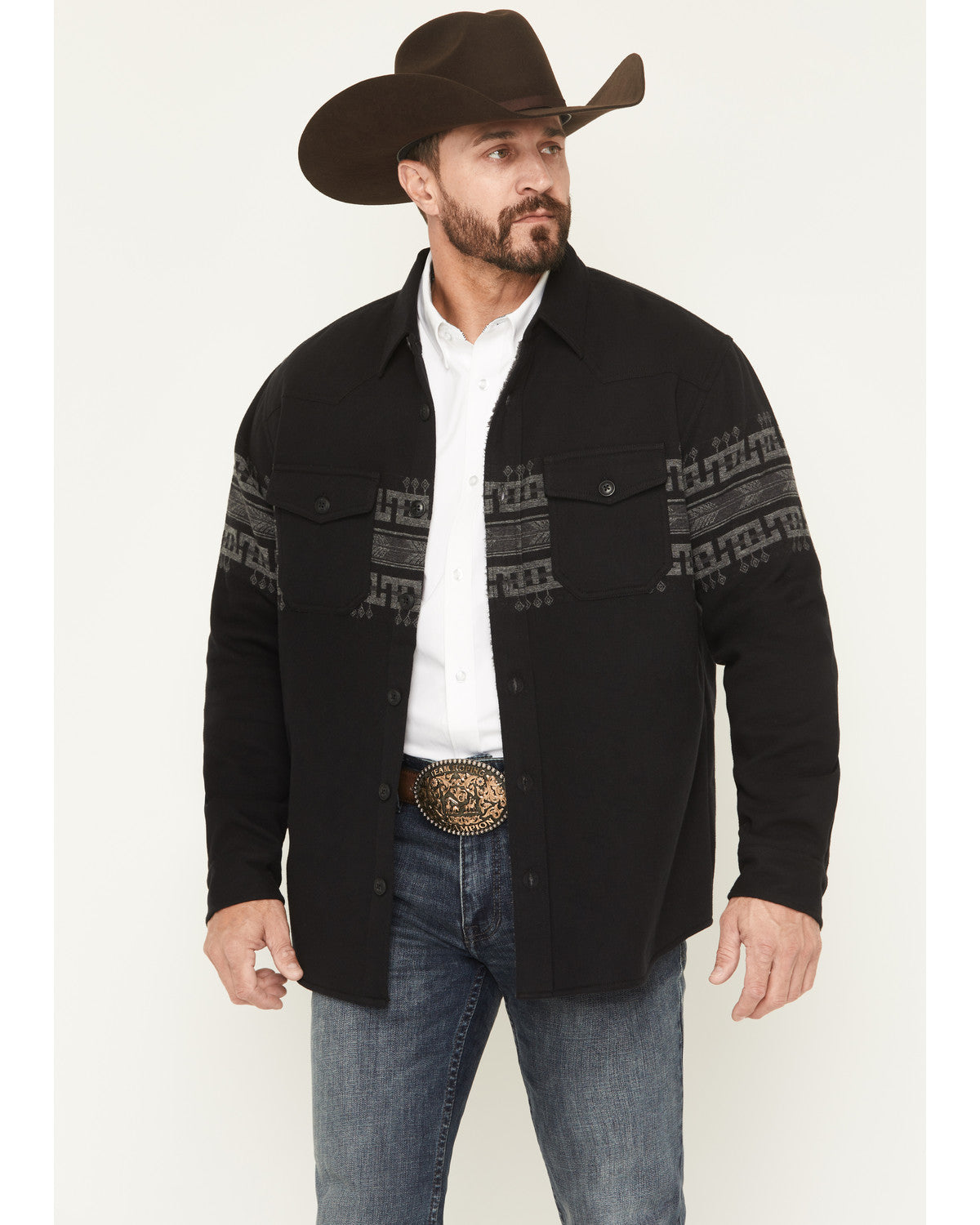 Men's Southwestern Border Print Sherpa Lined Flannel Shirt Black
