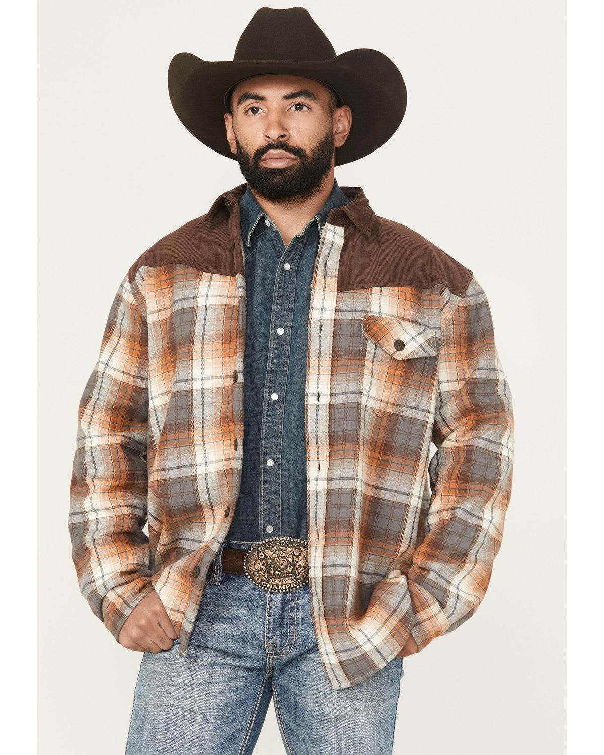 Men's Plaid Print Flannel Sherpa Lined Shirt Jacket Dark Brown