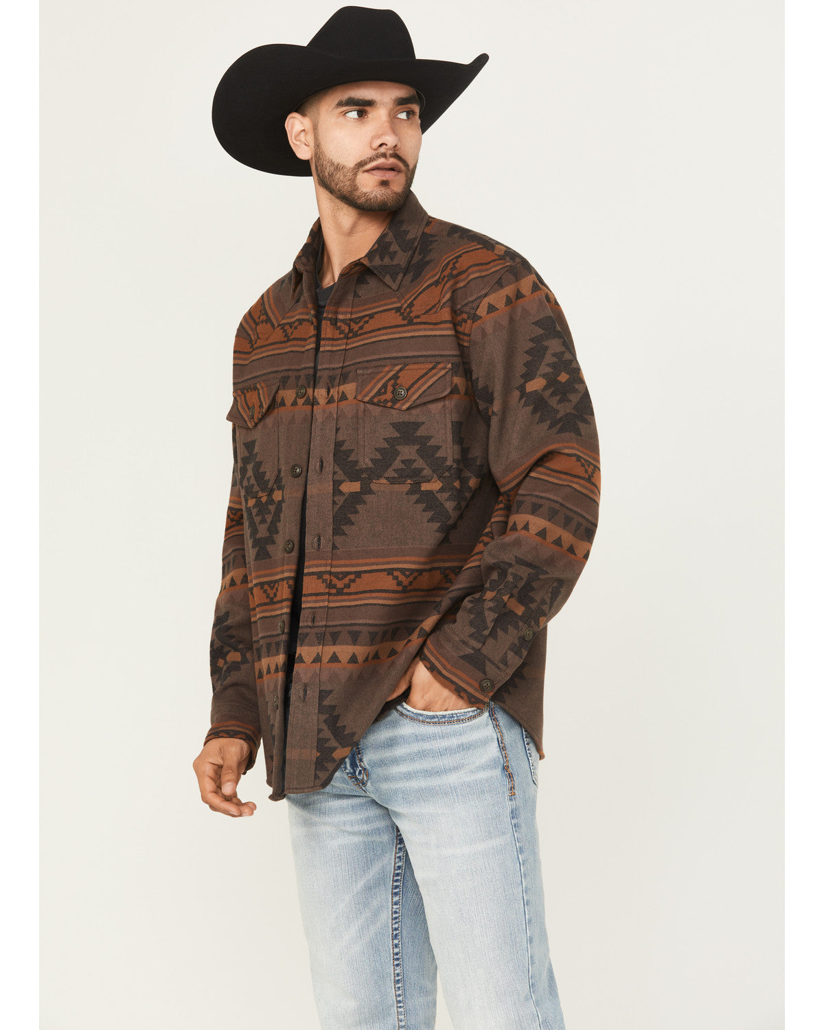 Men's Rosewell Southwestern Print Fleece Lined Shirt Jacket Dark Brown