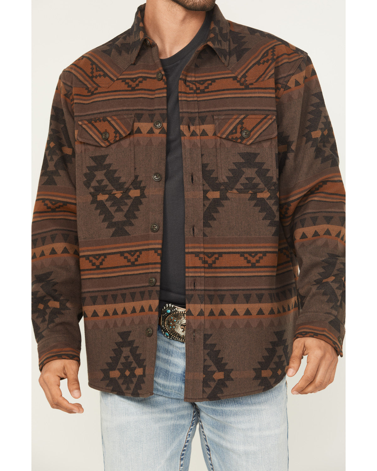Men's Rosewell Southwestern Print Fleece Lined Shirt Jacket Dark Brown