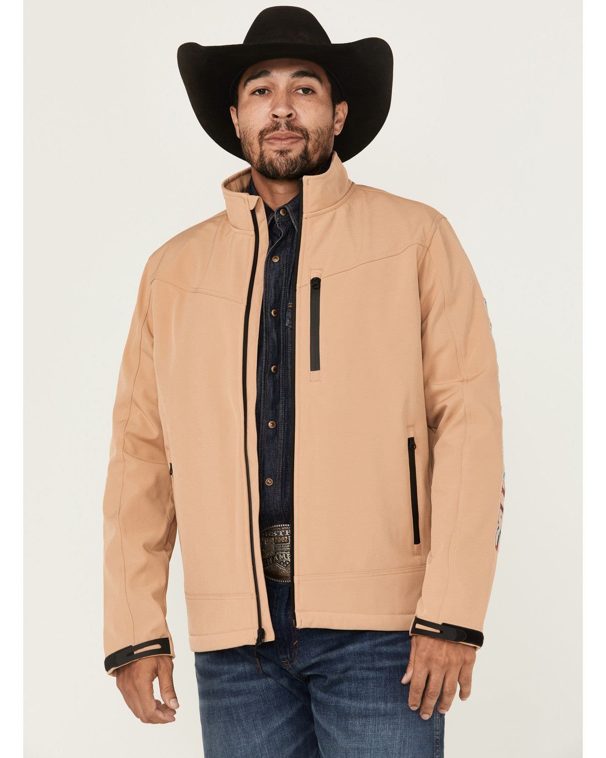 Men's Southwestern Embroidered Logo Softshell Jacket Tan