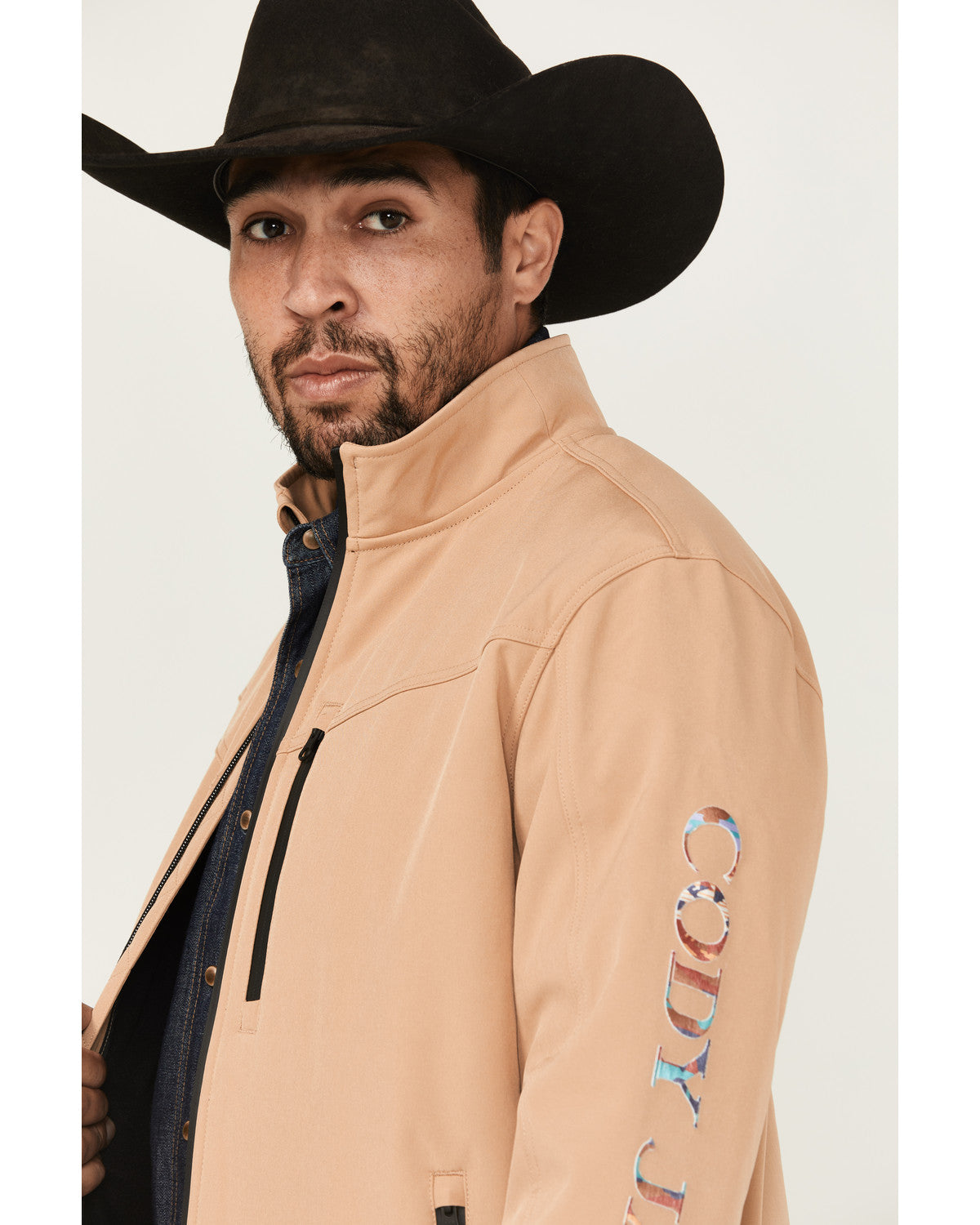 Men's Southwestern Embroidered Logo Softshell Jacket Tan
