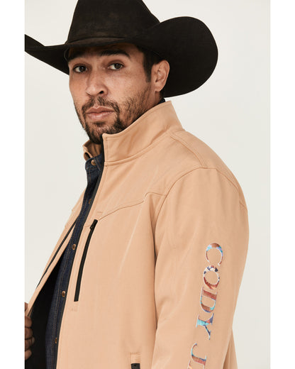 Men's Southwestern Embroidered Logo Softshell Jacket Tan