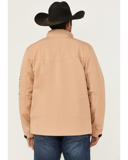 Men's Southwestern Embroidered Logo Softshell Jacket Tan