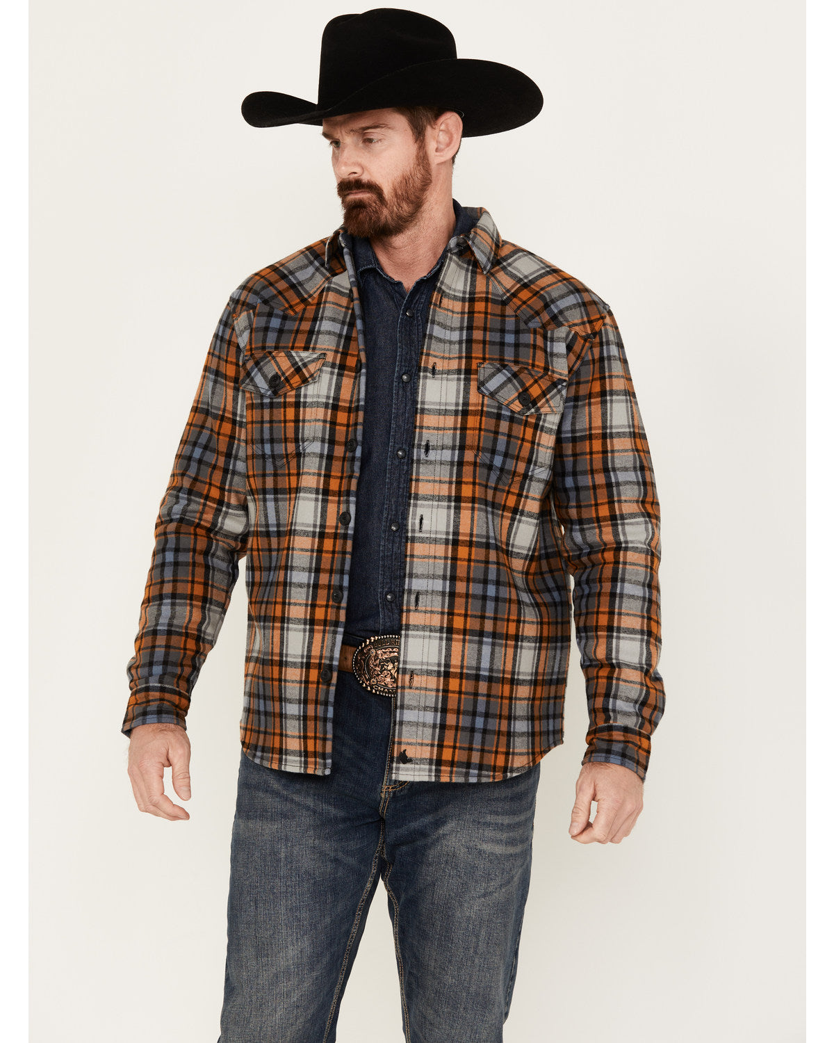 Men's Plaid Long Sleeve Button-Down Shirt Jacket Grey