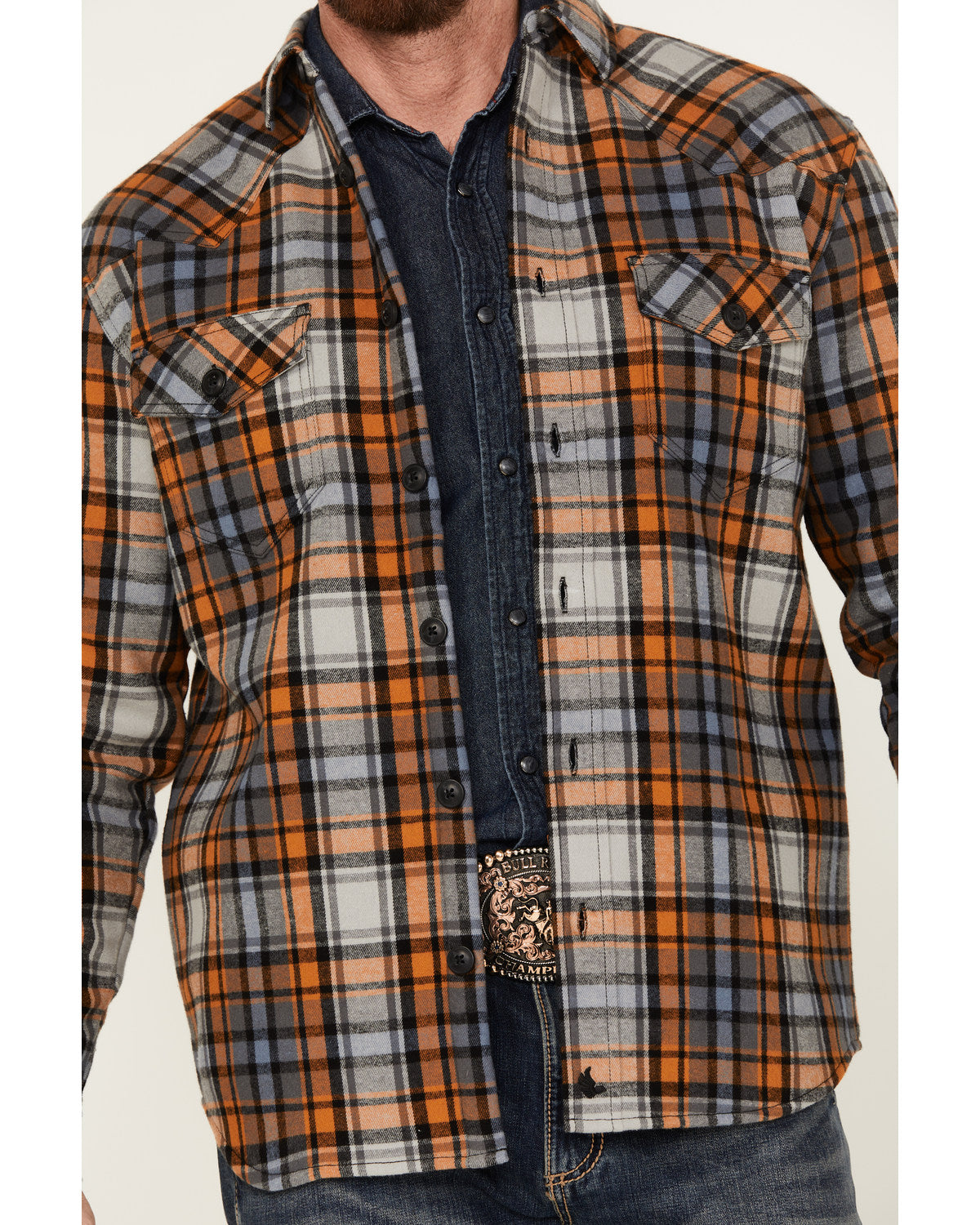 Men's Plaid Long Sleeve Button-Down Shirt Jacket Grey
