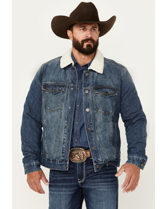 Men's Medium Wash Snap Sherpa Denim Jacket Medium Wash