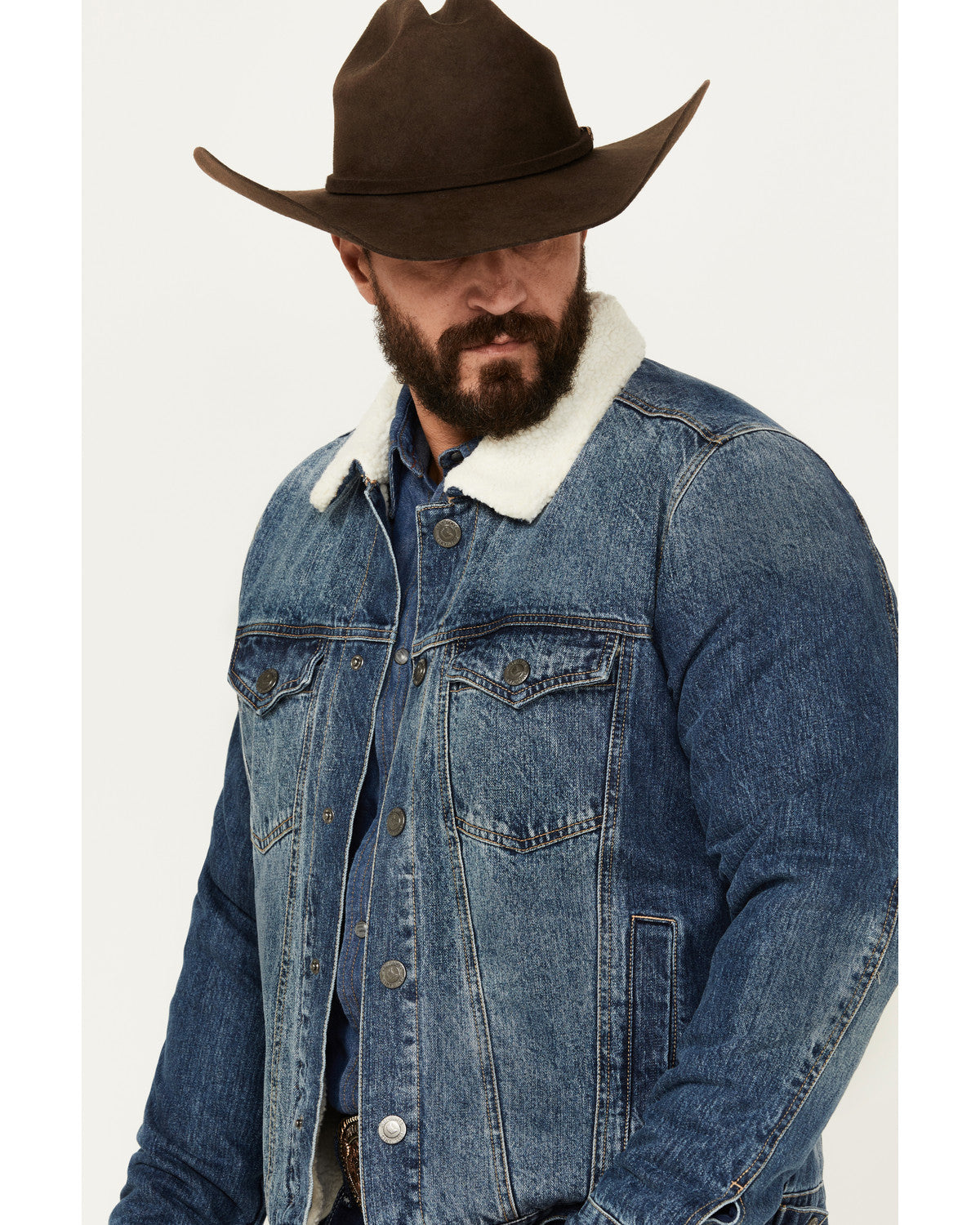 Men's Medium Wash Snap Sherpa Denim Jacket Medium Wash
